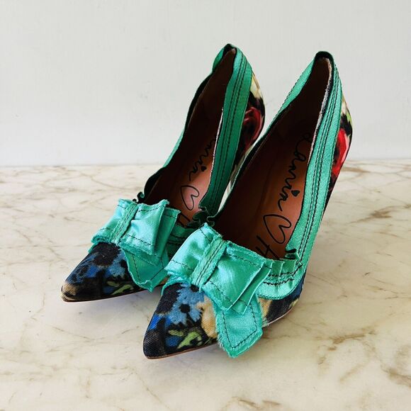 2010 LANVIN x H&M Green Floral Print Bow Mirrored Heels Pumps - EUR 38 / US 7 - Picture 1 of 9